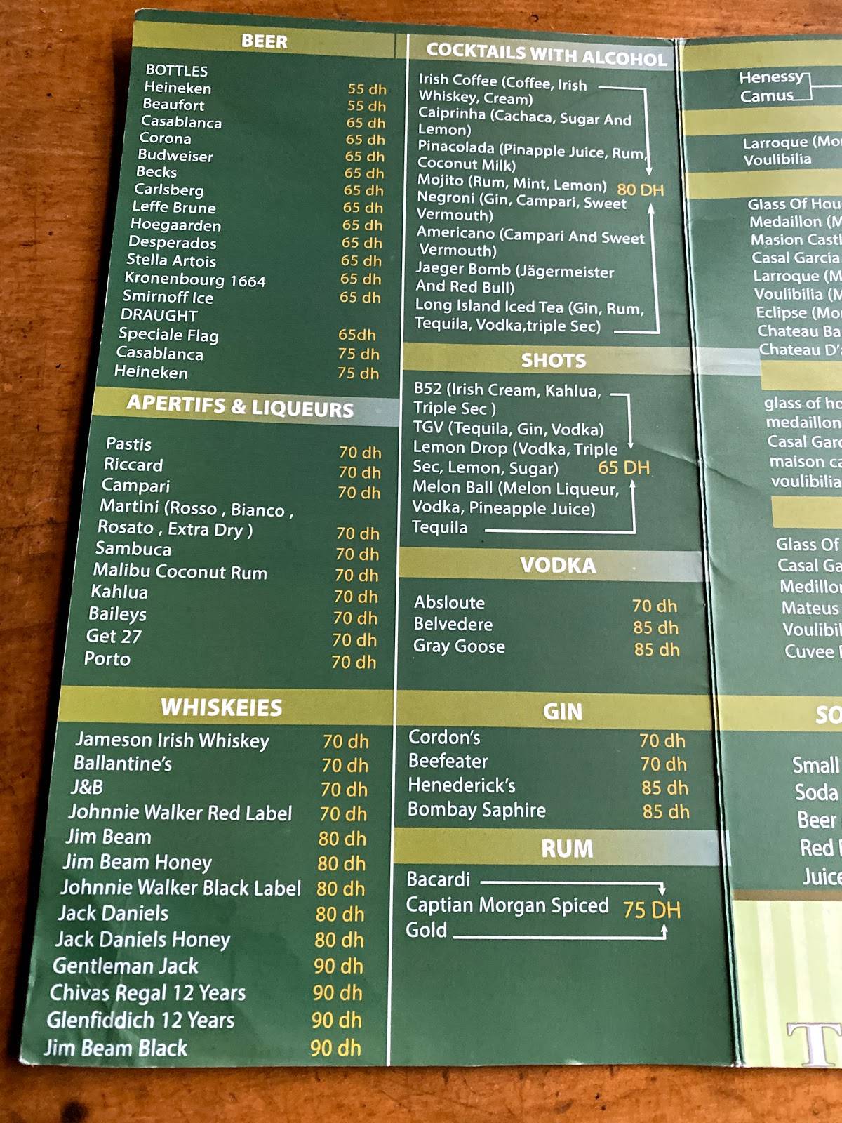 Irish pub menu 1
